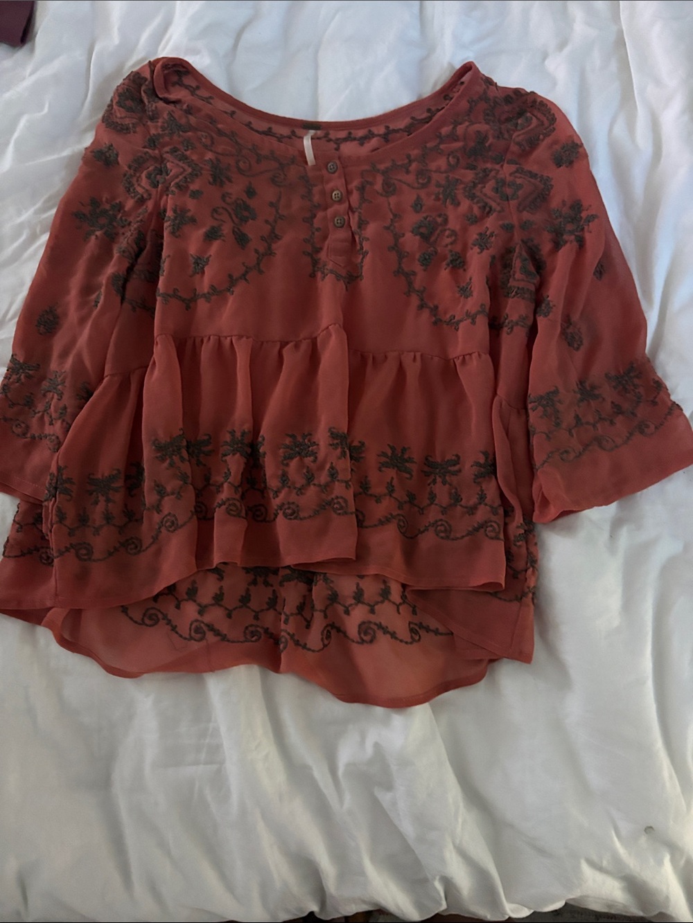 Free People Rust Tiered Embroidered Blouse